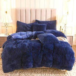 💎NAVY Queen Faux Fur Comfy Plush Shaggy Duvet Cover Set Luxury Soft Velvet 💎